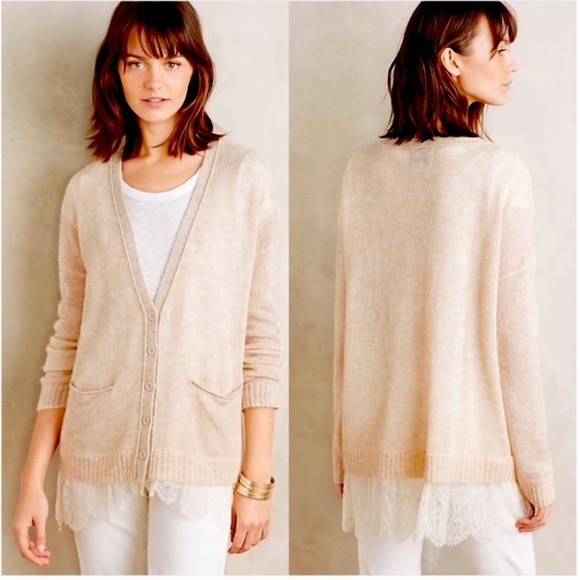 Anthropologie Saturday Sunday Lace Hem Alpaca Blend Cardigan - Picture 2 of 13
